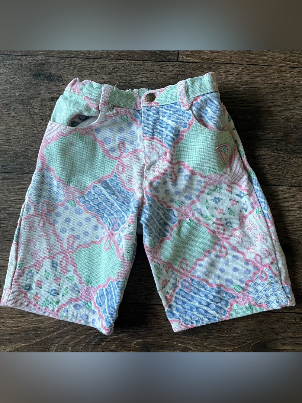 Vintage baby guess pink floral ribbon bow denim Jean shorts 6XY boho cottagecore